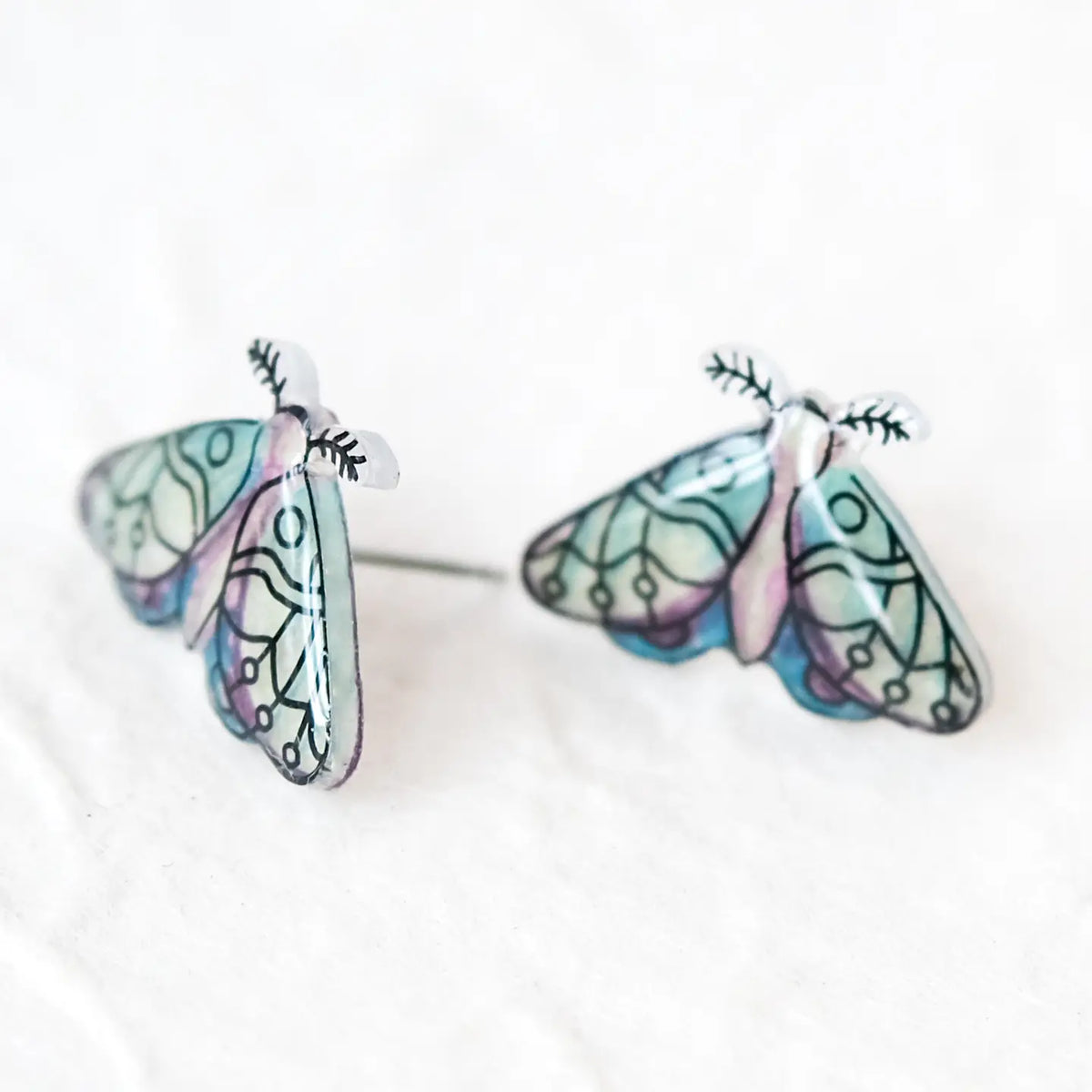 Green Forest Night Moth Stud Earrings