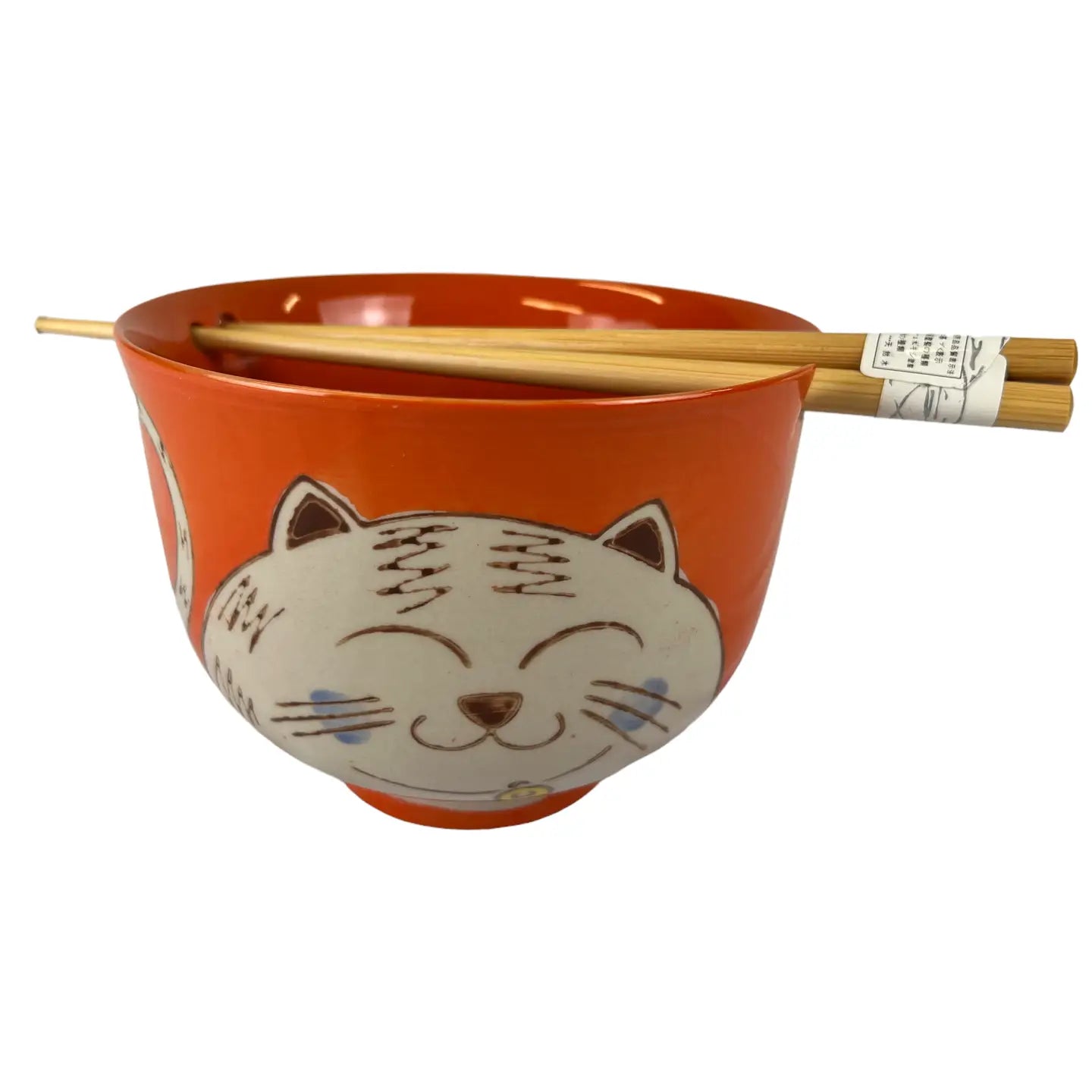 Chubby Cat Orange Design Donburi Bowl with Chopsticks Set