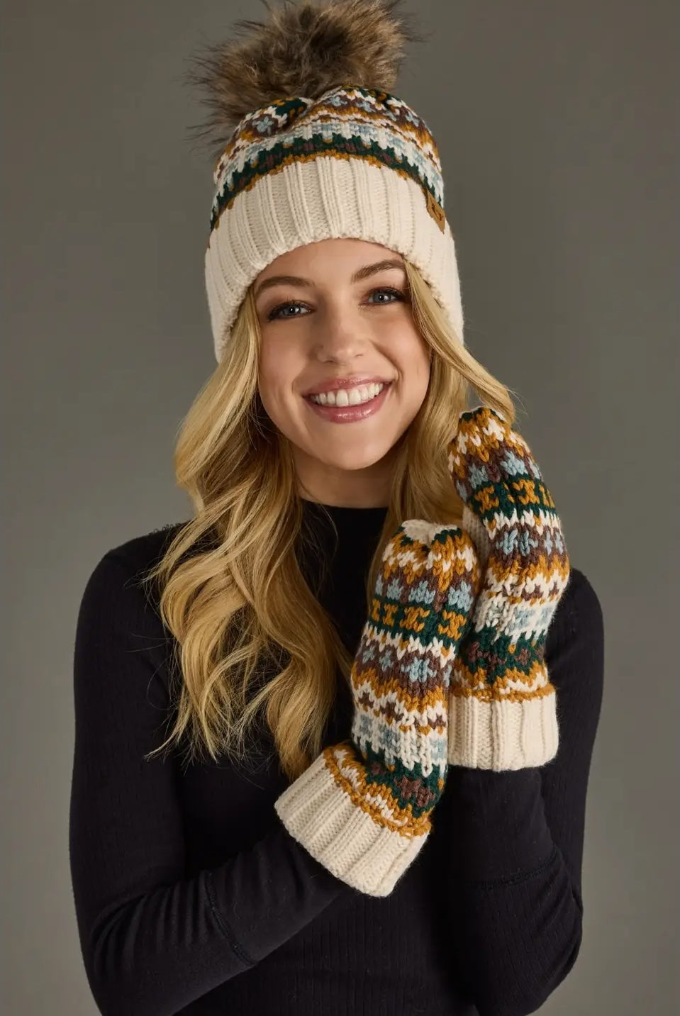 Cream & Multicolored Patterned Mittens