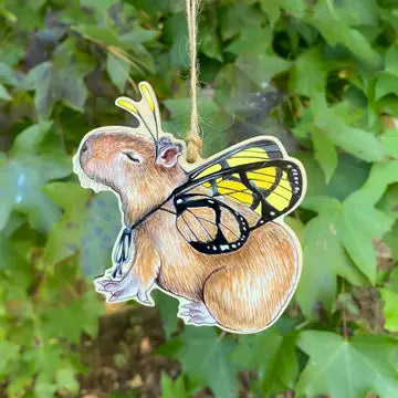 Butterfly Capybara Wood Print Christmas Ornament