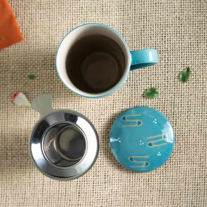 Tea Infuser Mug 15oz Teal Japanese Crane Design