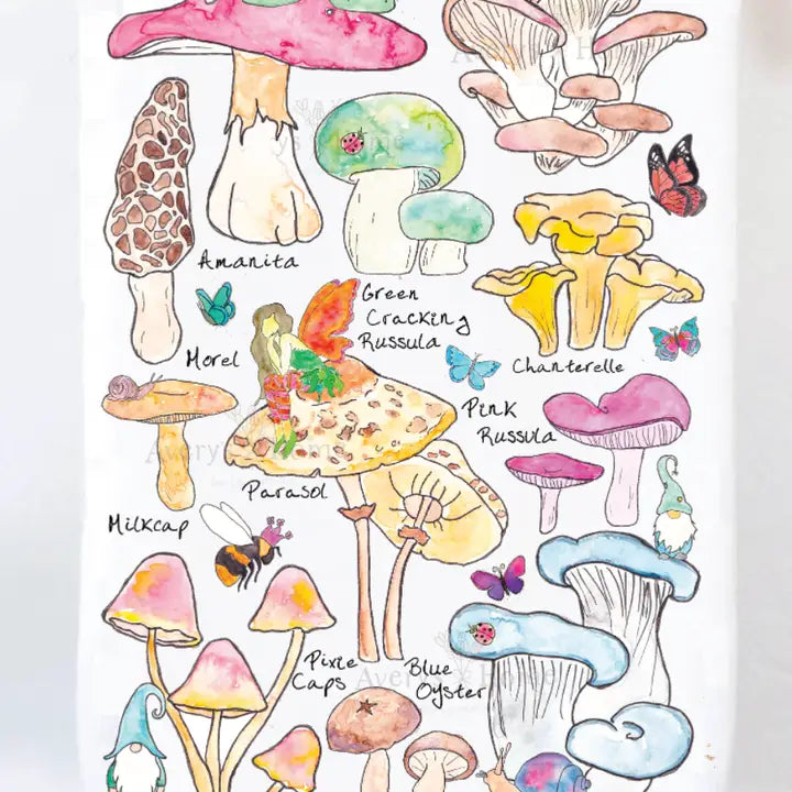 Mushroom Types, Fairy, Gnome, Garden Tea Towel