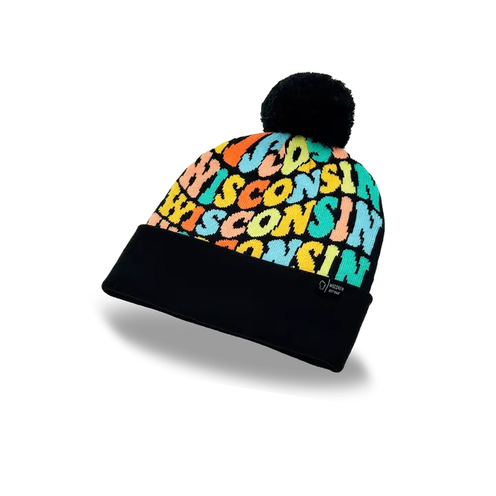Wisconsin Colorful Beanie with Pom Pom Black
