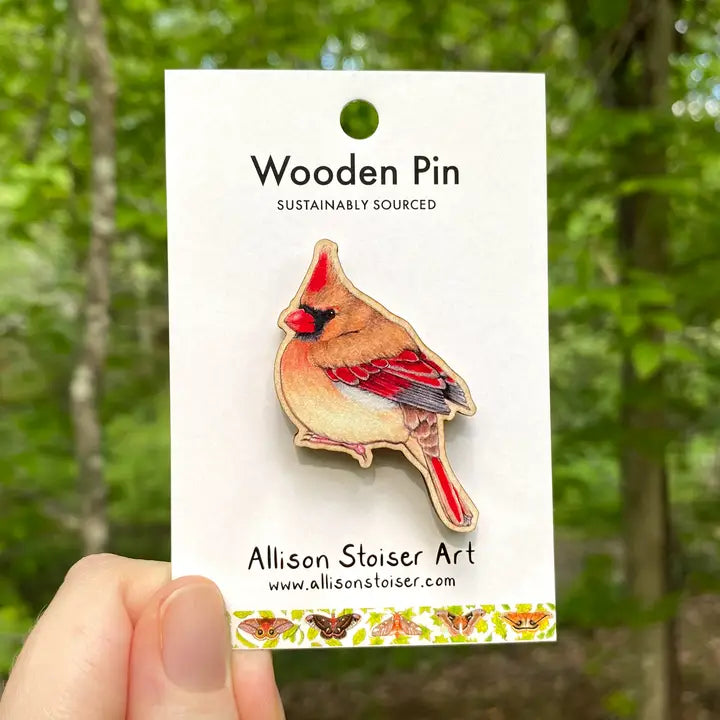Female Cardinal Wooden Pin