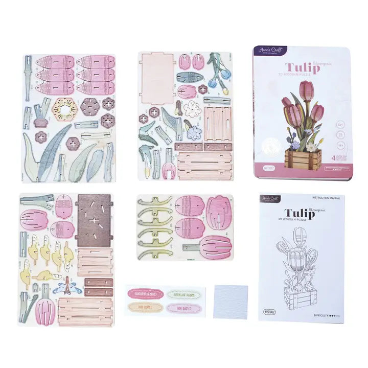 DIY Wooden Puzzle : Pink Tulip Bloom Set