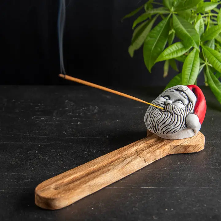 Santa Head Figure Incense Stick Holder w/ Wood tray