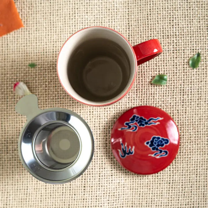 Tea Infuser Mug 15oz Red Oriental Dragon Design