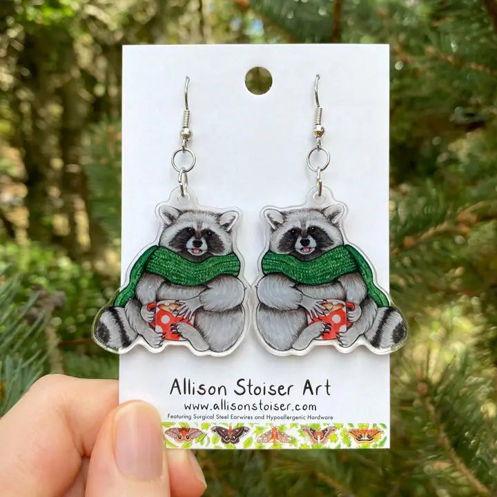 Acrylic Cozy Raccoon in Scarf Earrings