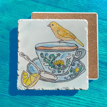 Tea Cup Party Yellow Bird Watercolor Stone Trivet