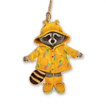 Raincoat Raccoon Wood Print Christmas Ornament