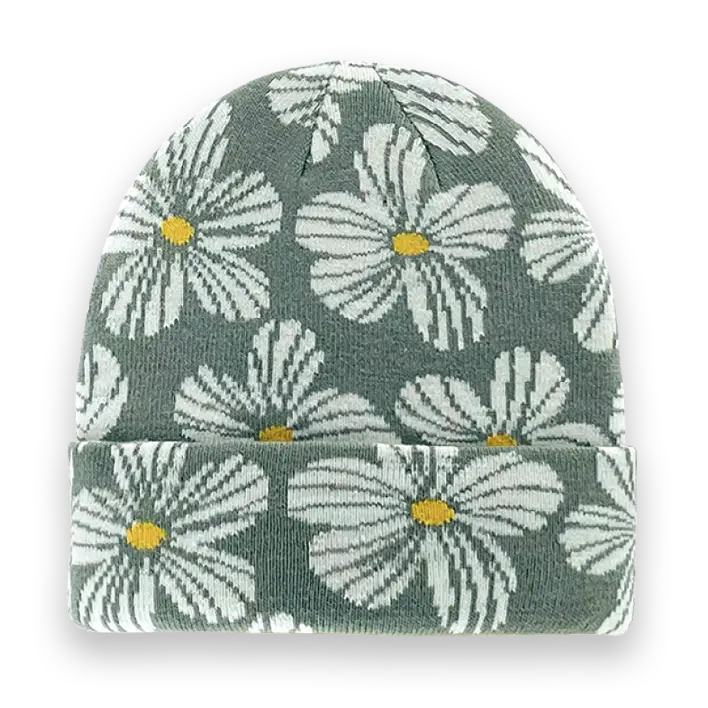 Floral Knit Beanie Retro Daisy Winter Botanical