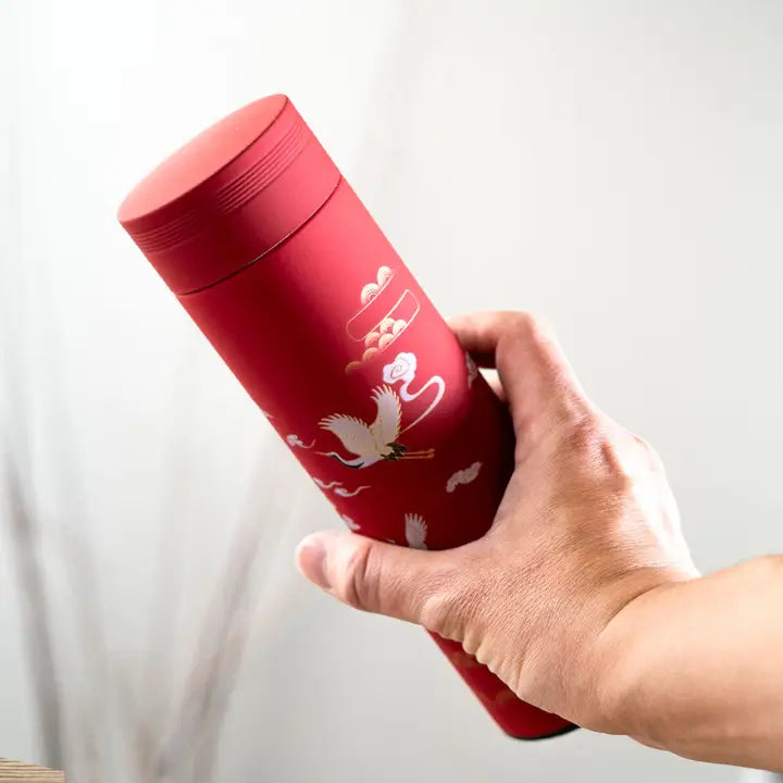 Vacuum Insulated Stainless Thermos Flask Red Cherry Blossom Cranes