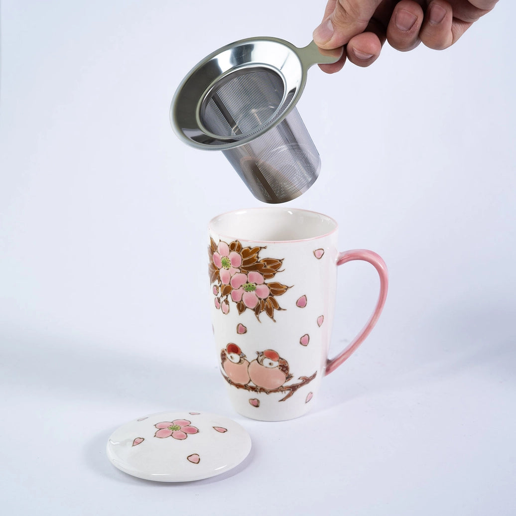 Tea Infuser Mug 15oz Twin Sparrows Cherry Blossoms