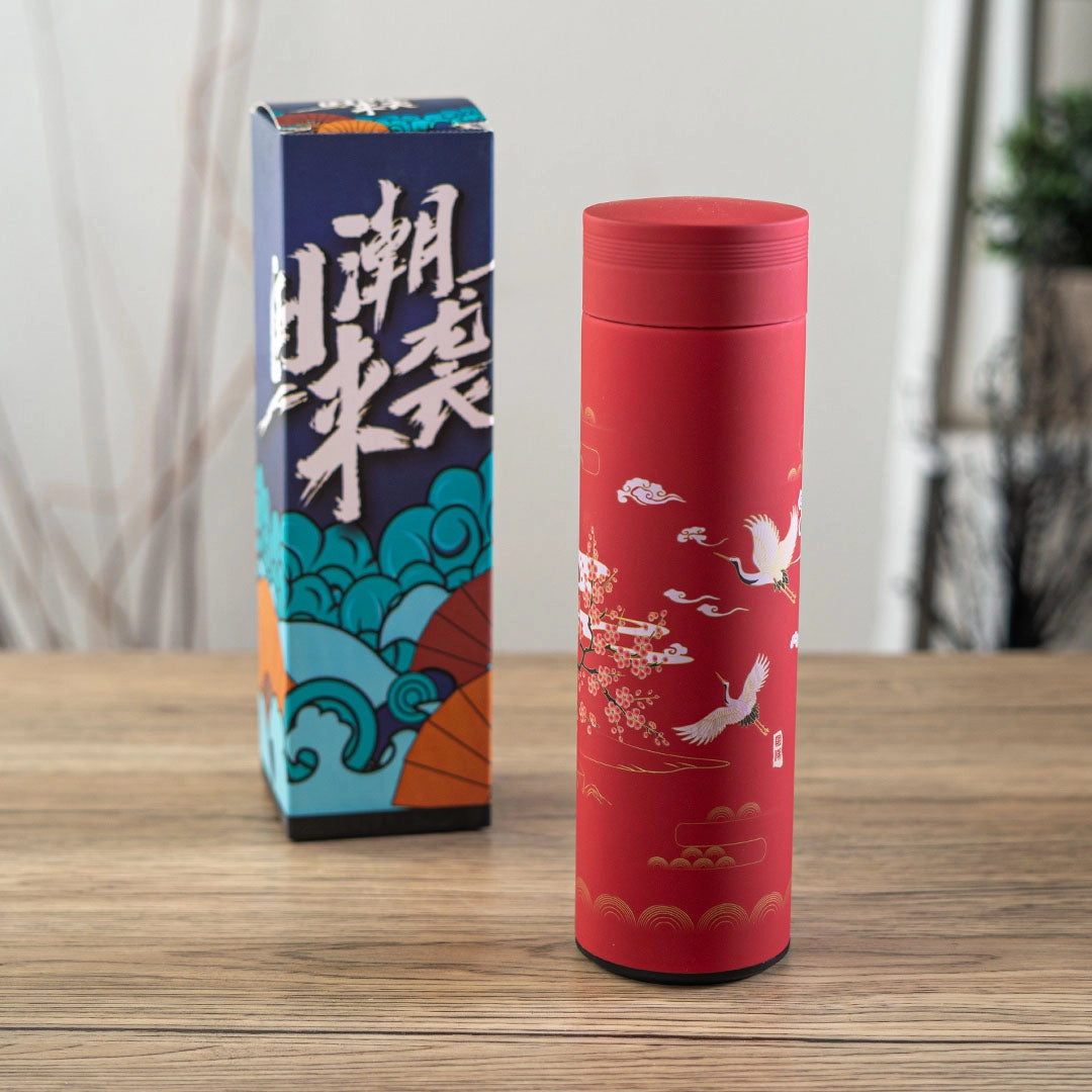 Vacuum Insulated Stainless Thermos Flask Red Cherry Blossom Cranes