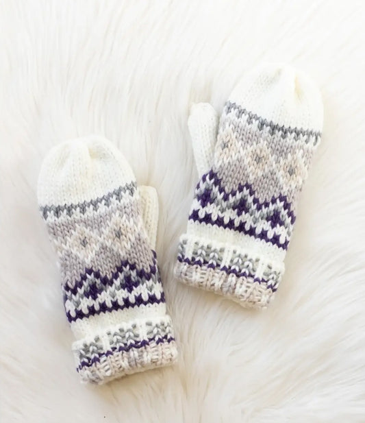 White, Purple & Taupe Patterned Mittens