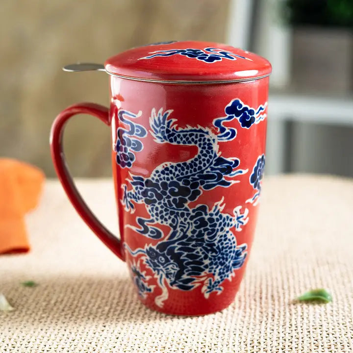 Tea Infuser Mug 15oz Red Oriental Dragon Design