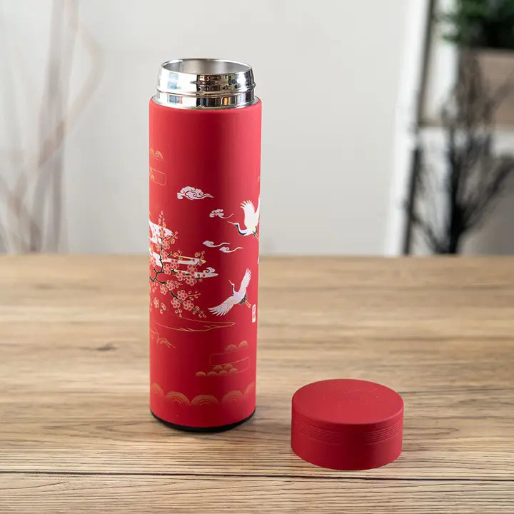 Vacuum Insulated Stainless Thermos Flask Red Cherry Blossom Cranes