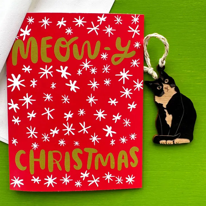 Meowy Christmas Card with Cat Ornament