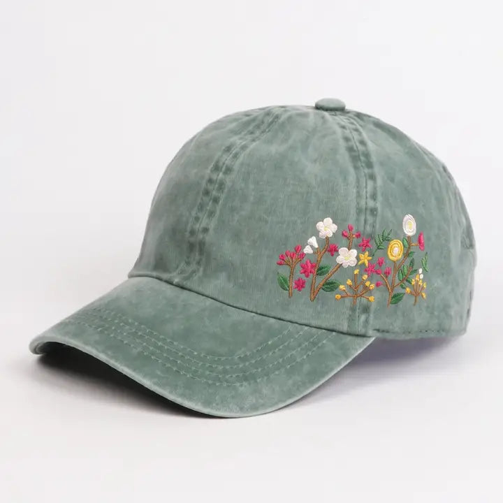 Flowers Side Embroidery Baseball Cap Sage