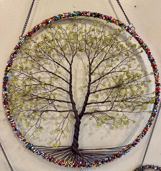 Wire Beaded Double Tree of Life-Green : 18"