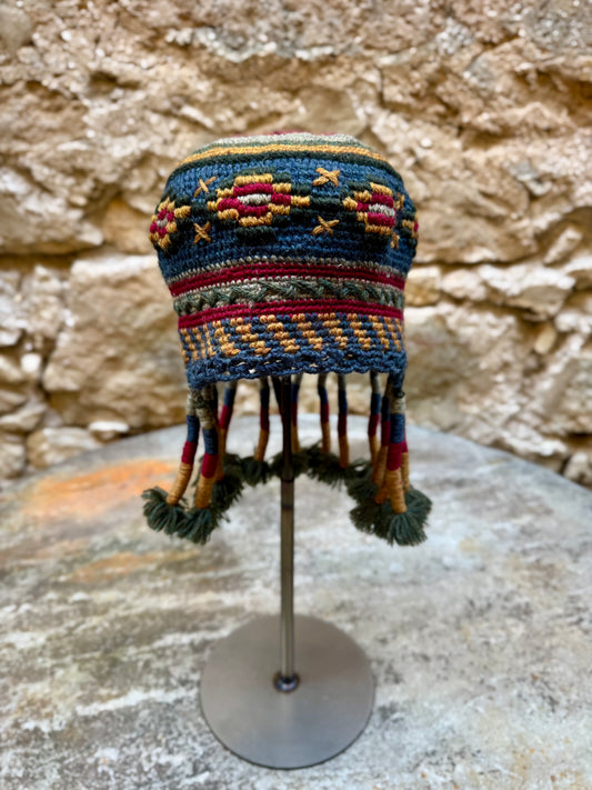 Ethnic Pattern Cossack Hat w/ Fringe Navy