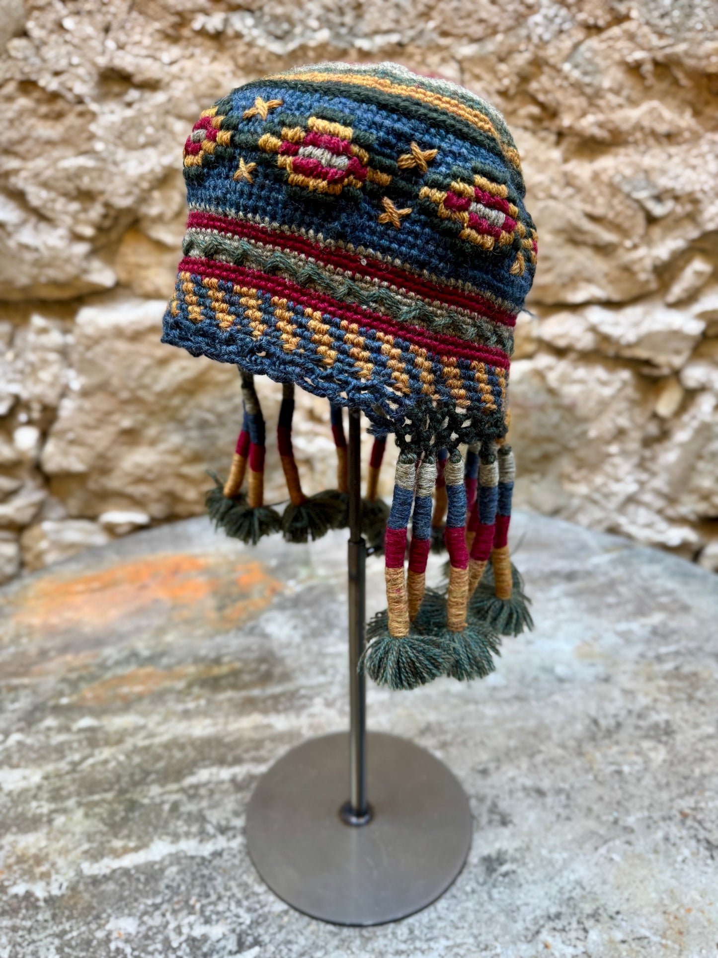Ethnic Pattern Cossack Hat w/ Fringe Navy