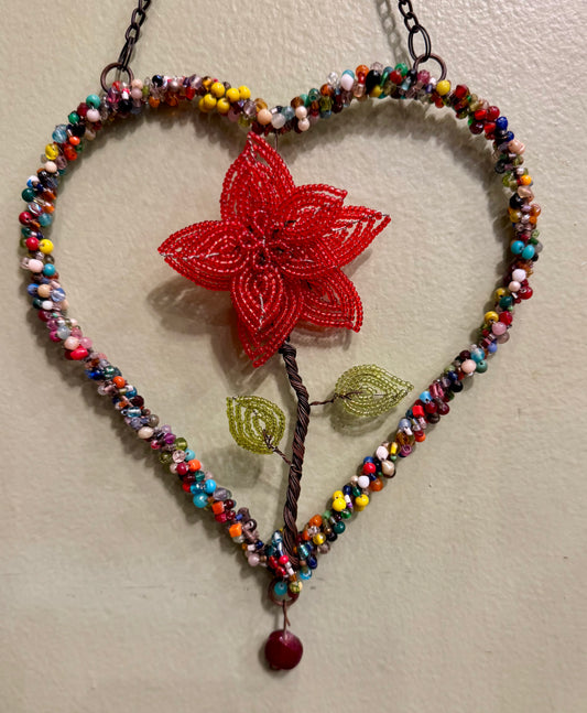Wire Beaded Heart - Red Flower
