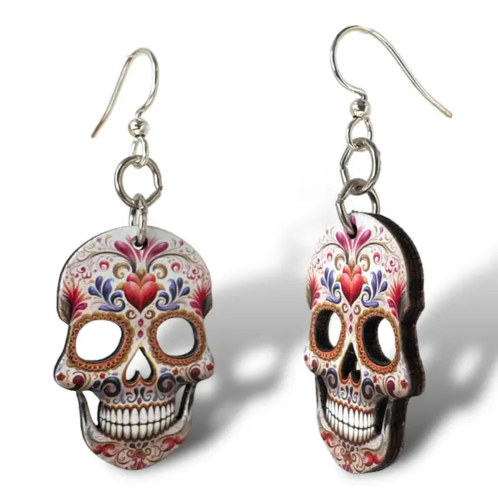 Wooden Sugar Skull Heart Earrings