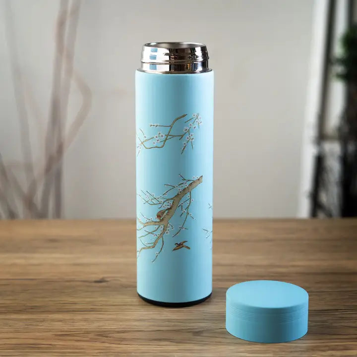 Vacuum Insulated Stainless Thermos Flask Lt BLue Plum Blossom