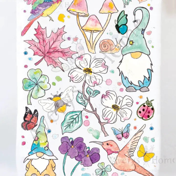 Spring Garden Gnomes & Mushrooms Towel