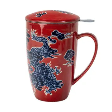 Tea Infuser Mug 15oz Red Oriental Dragon Design