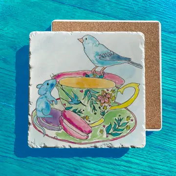 Tea Cup Party Mouse Macaroon Blue Bird Stone Trivet