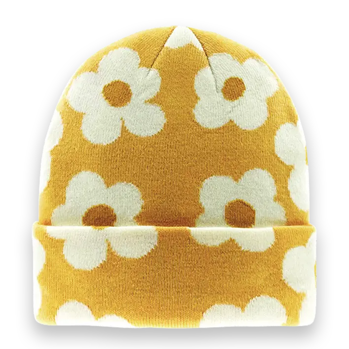 Floral Knit Beanie Retro Daisy Yellow