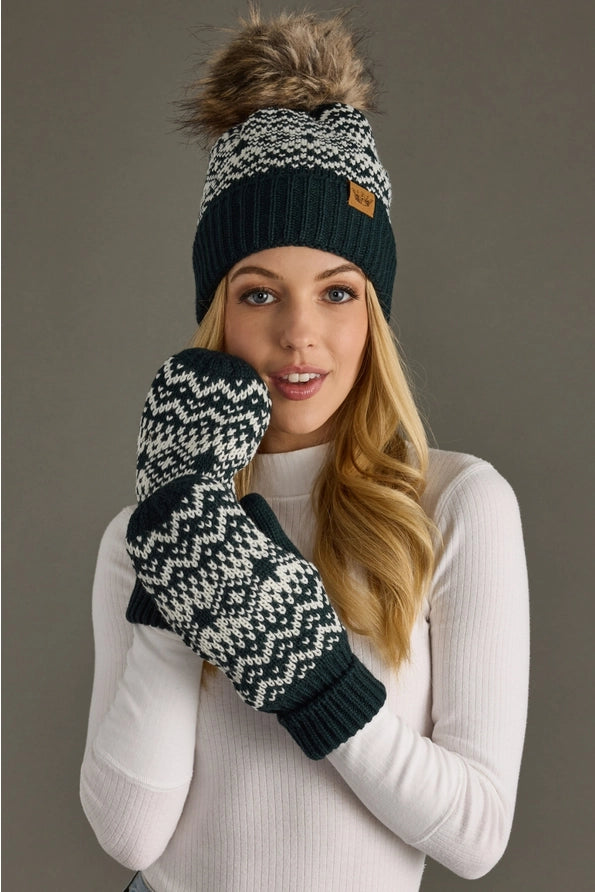 Dark Teal & White Patterned Mittens