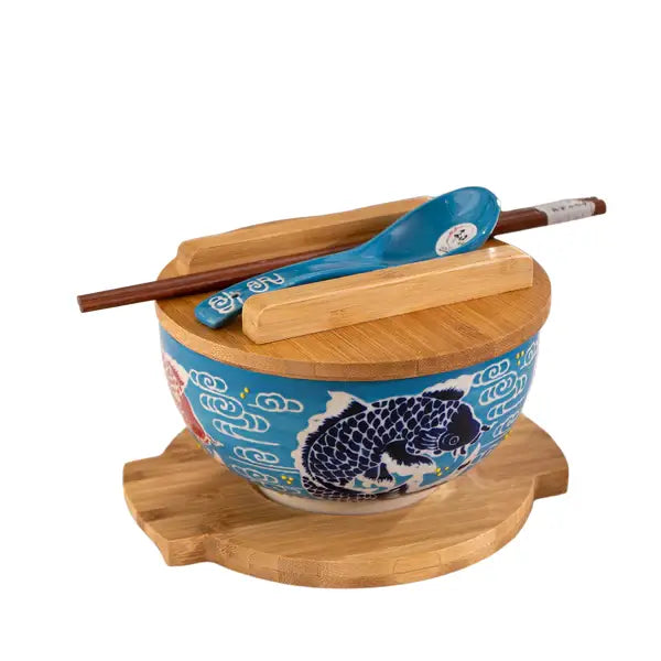 Japan Koi Fish Bowl with Chopsticks, Spoon, Lid & Trivet Set