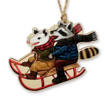 Sledding Opossum & Raccoon Wood Print Christmas Ornament