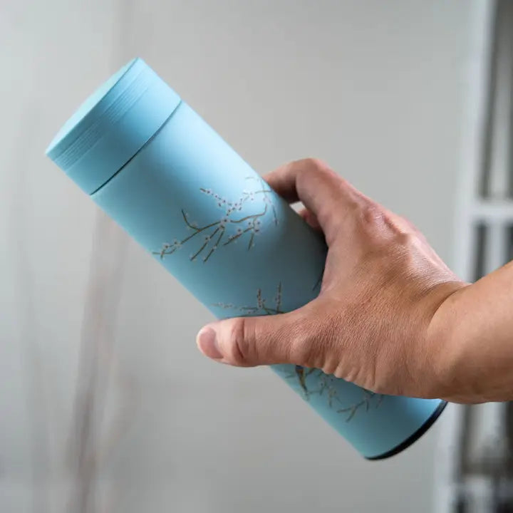 Vacuum Insulated Stainless Thermos Flask Lt BLue Plum Blossom