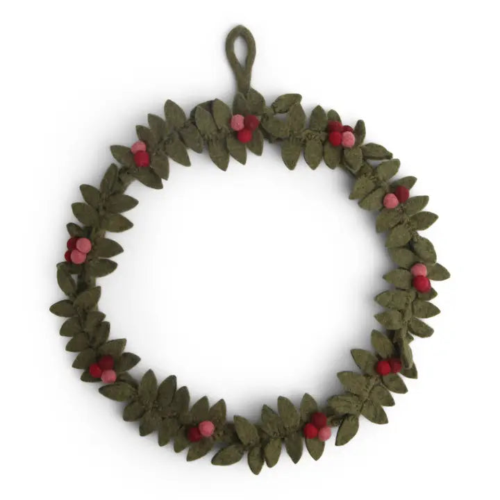 Everlasting Felted Big Green Wreath with Red Berries