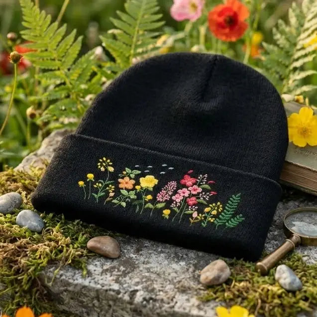 Wildflower Embroidered Knit Beanie Botanical Cuff
