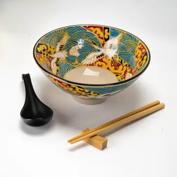 Japanese Crane 24oz Bowl with Chopsticks + Spoon Set