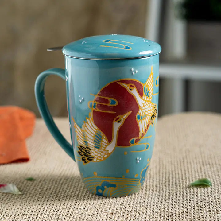 Tea Infuser Mug 15oz Teal Japanese Crane Design