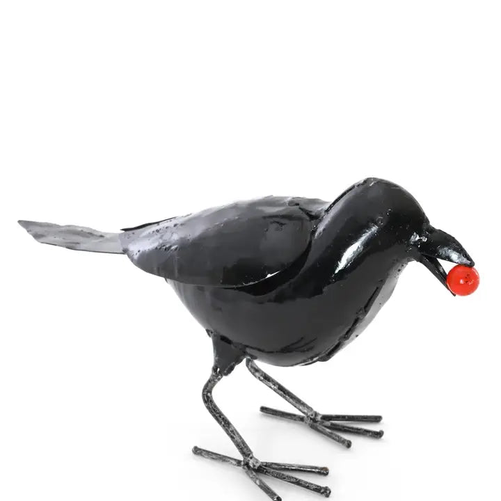 Recycled Metal Crow with Berry Sculpture