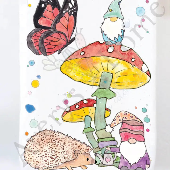 Gnome & Hedgehog Spring Mushroom Tea Towel