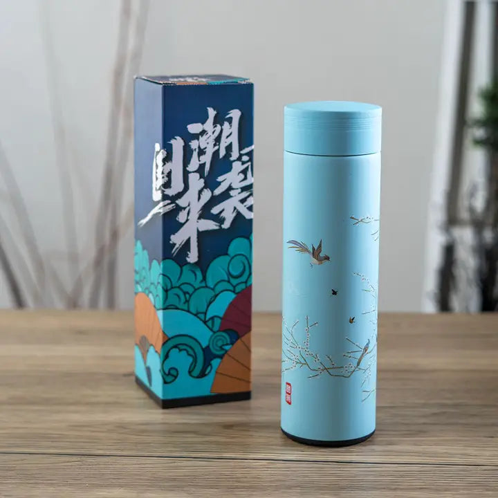 Vacuum Insulated Stainless Thermos Flask Lt BLue Plum Blossom