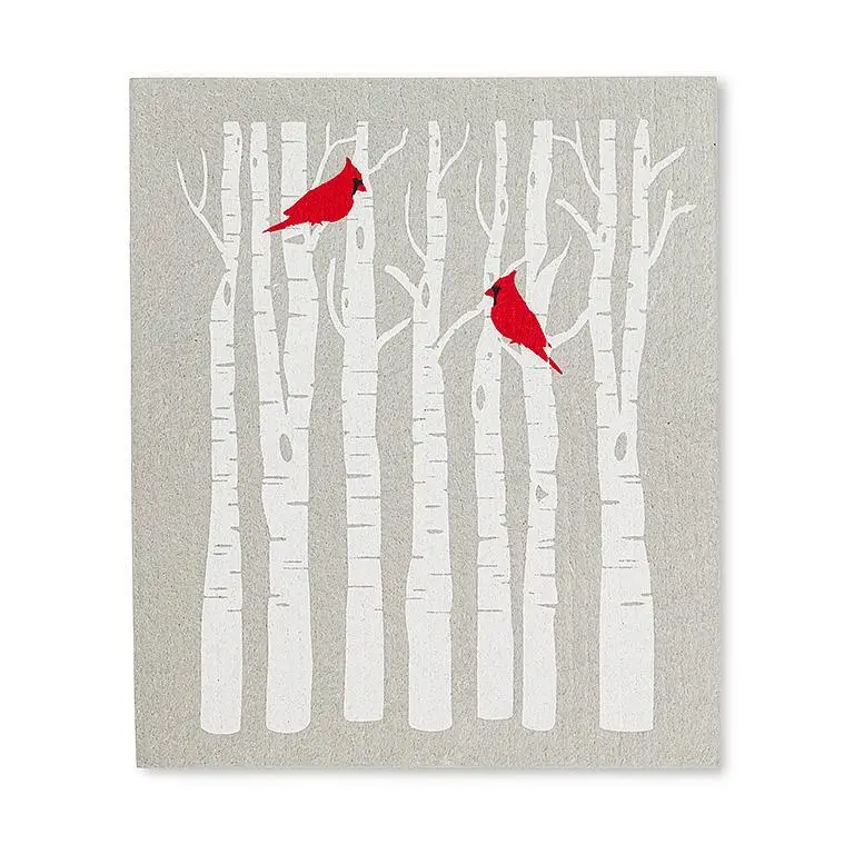 Birch Trees with Cardinal Swedish Dishcloth