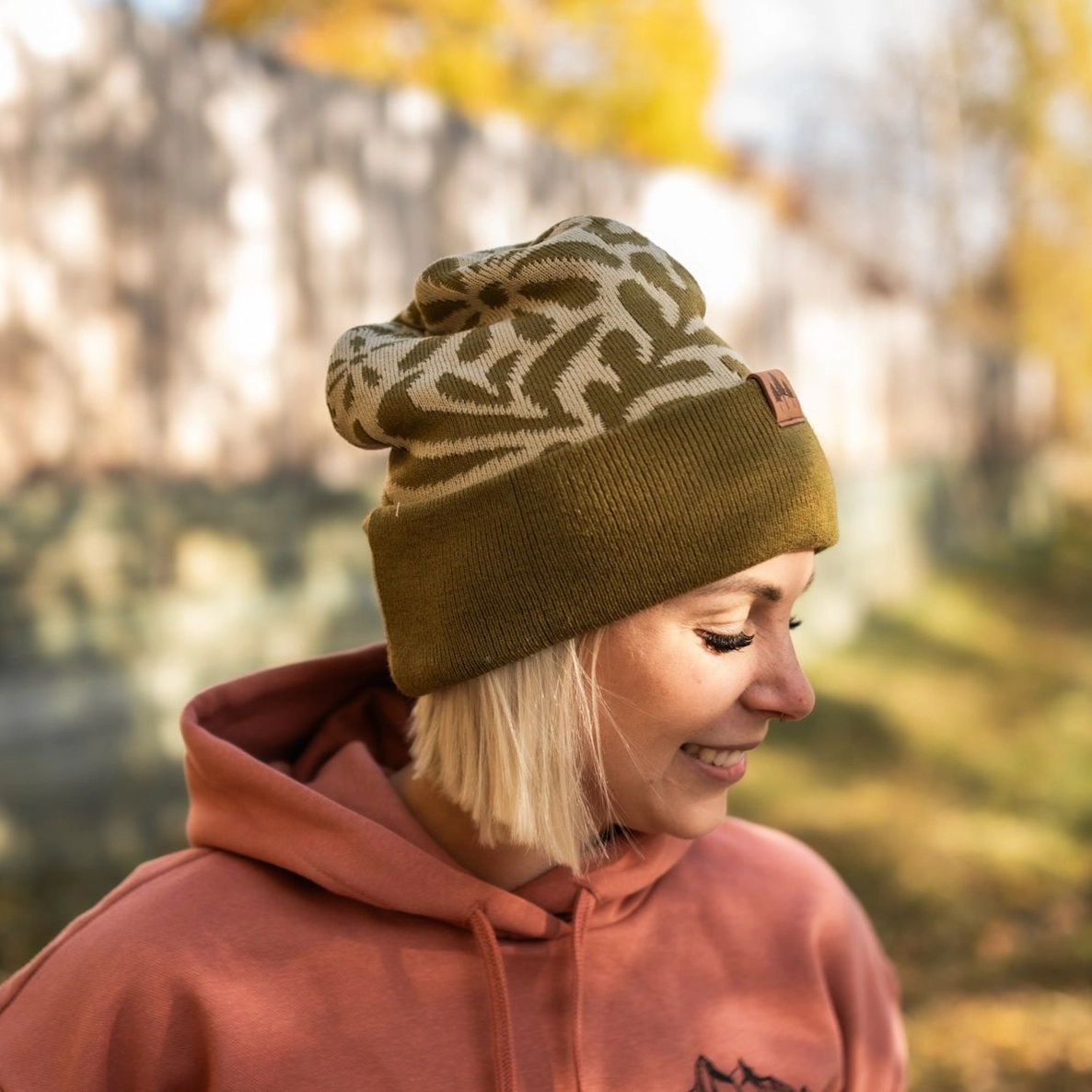 Floral Foldover Beanie - Olive