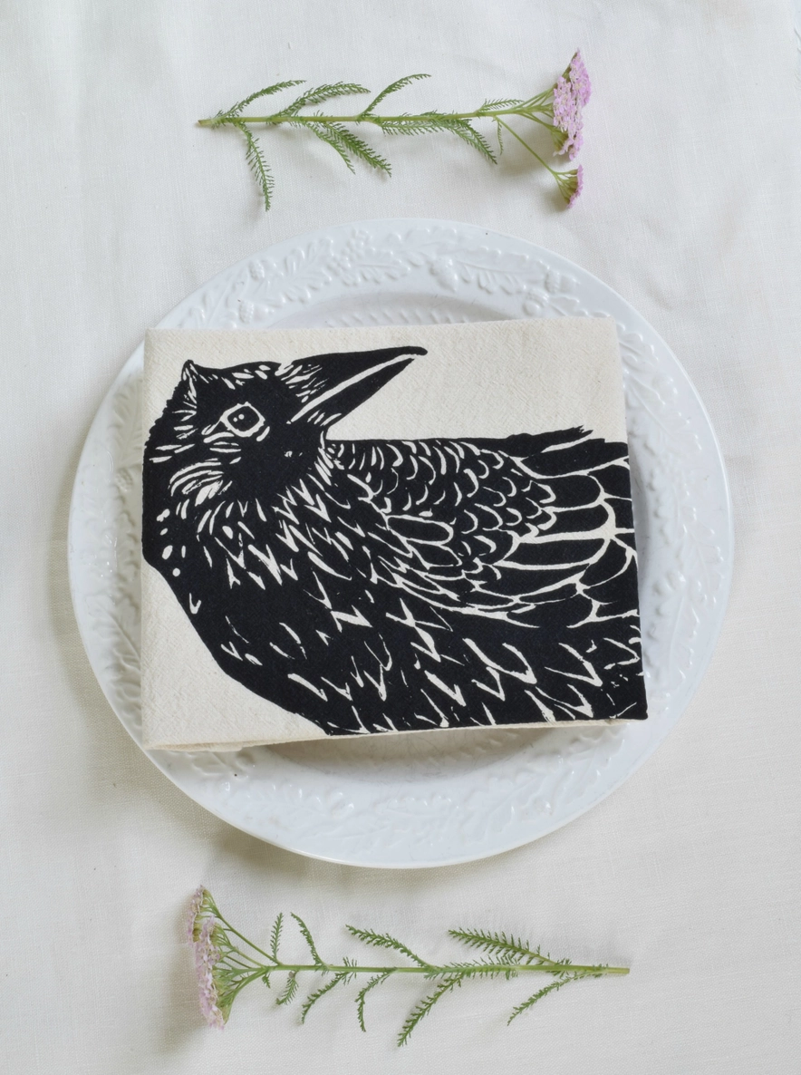 Organic Cotton Crow Tea Towel Black