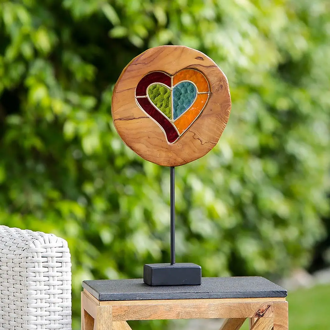 Teak Slab Stained Glass Heart 20"
