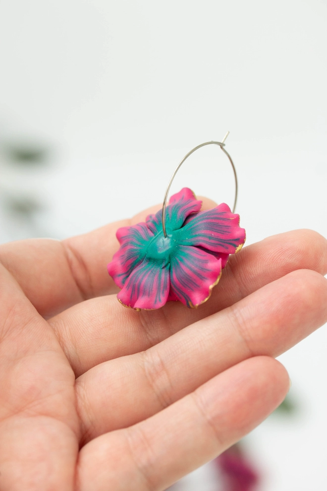 Hot Pink Flower Hoop Earrings