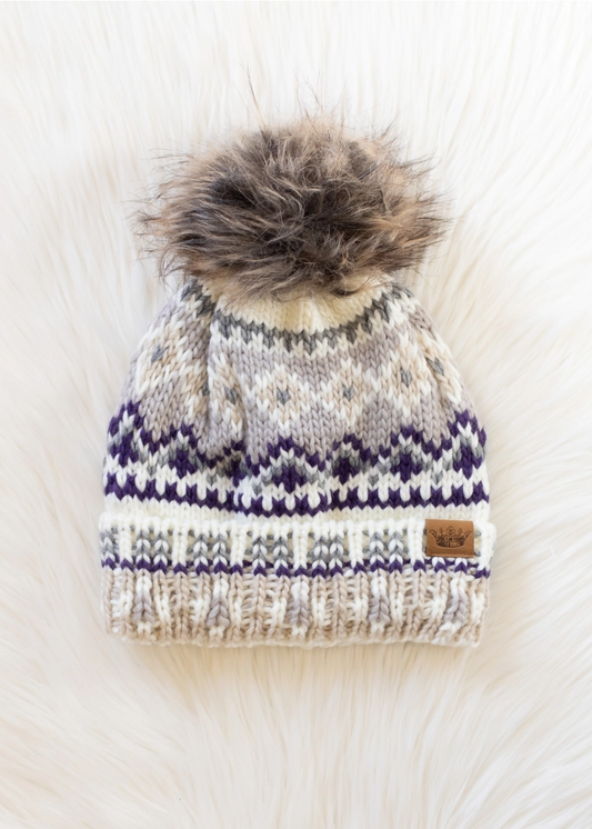 White, Purple & Taupe Pom Hat